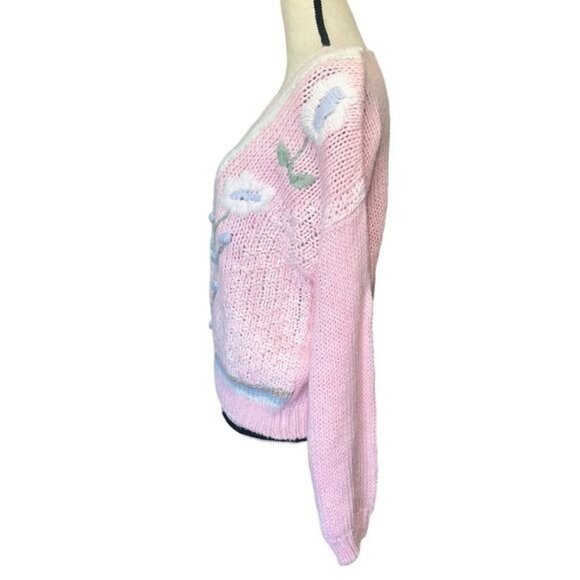 SML Sport Womens Hand-Knit Pink V-Neck Floral Sweater Medium Ramie Blend Vintage - Picture 3 of 11